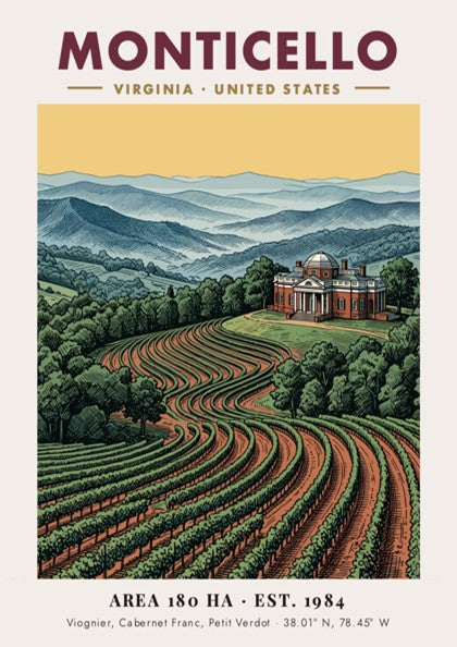 Poster of the Monticello estate in Virginia surrounded by lush, rolling vineyard rows.