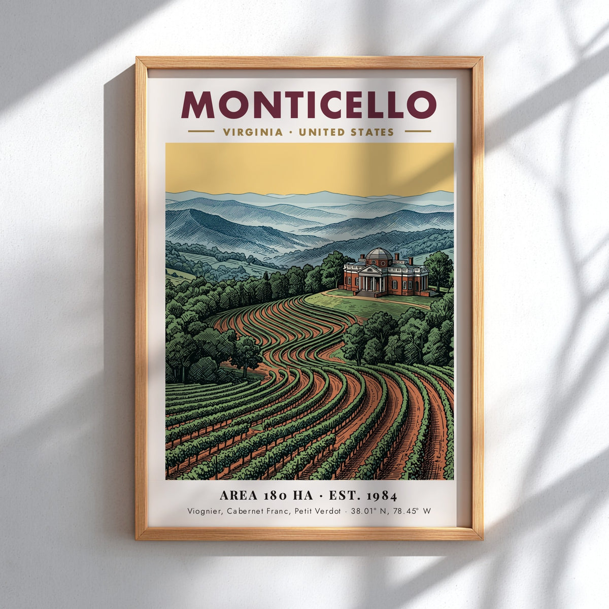 Poster of the Monticello estate in Virginia surrounded by lush, rolling vineyard rows.
