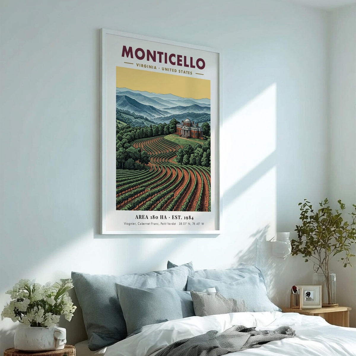 Poster of the Monticello estate in Virginia surrounded by lush, rolling vineyard rows.