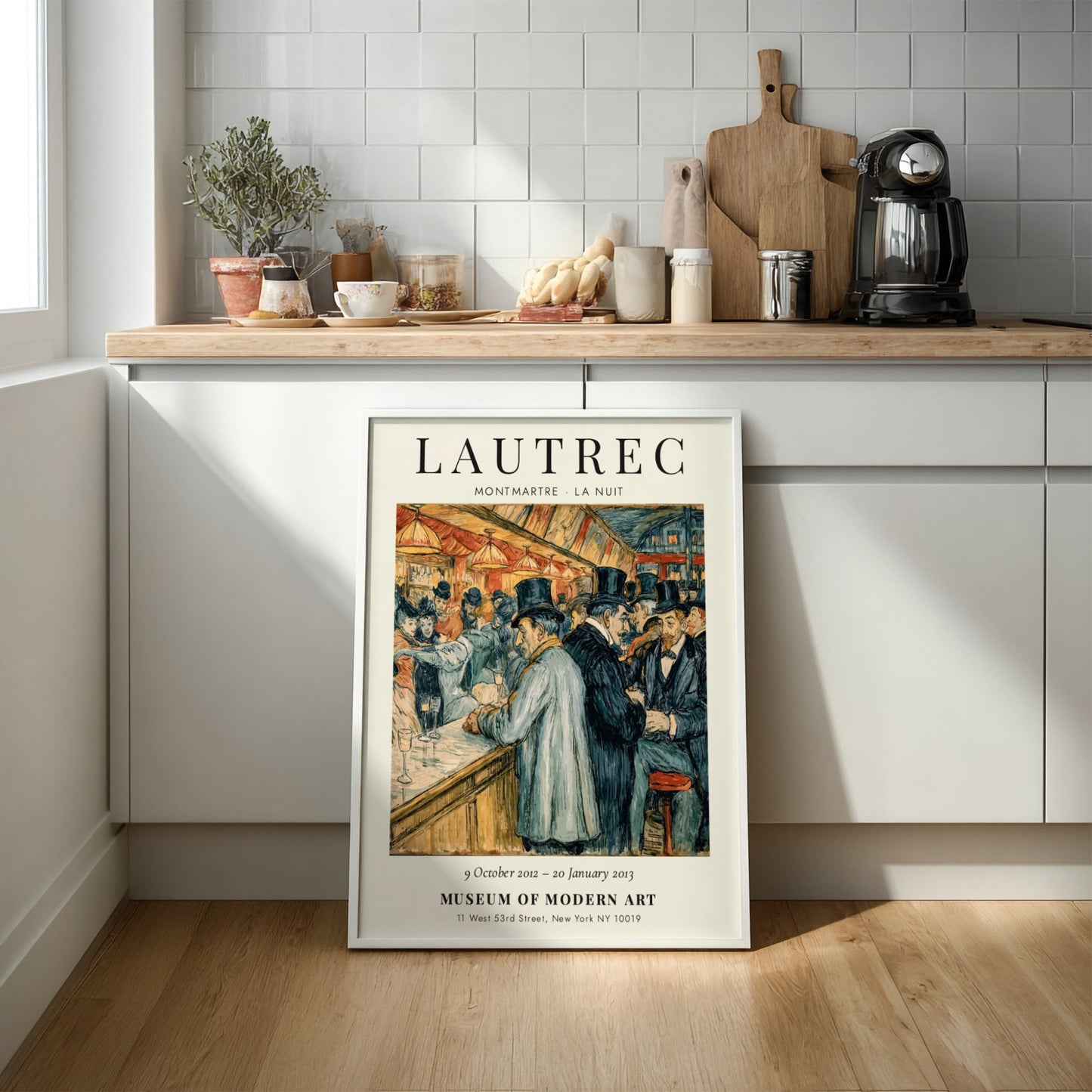 Montmartre La Nuit poster featuring Toulouse-Lautrec's vibrant nightlife scene with warm colors and