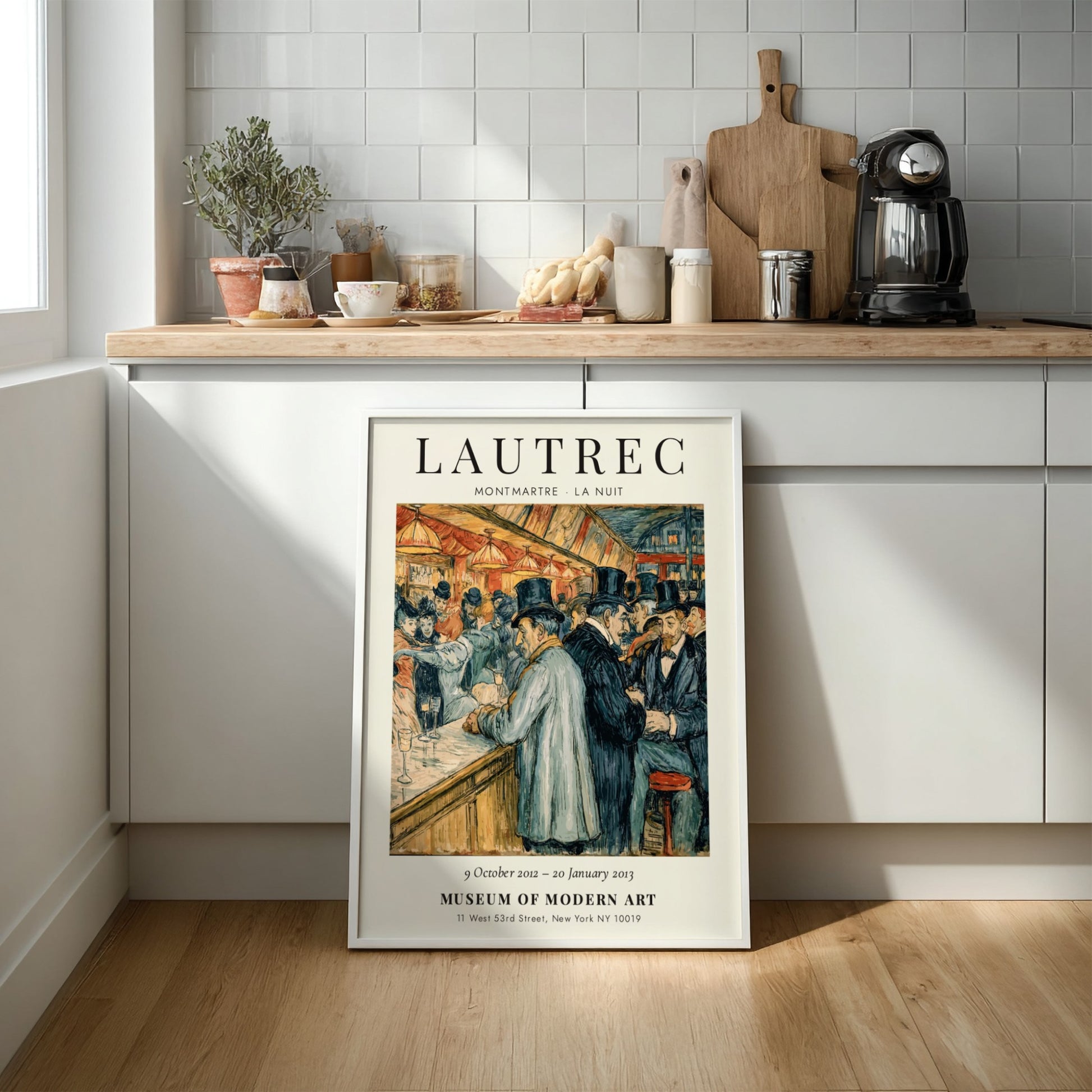 Montmartre La Nuit poster featuring Toulouse-Lautrec's vibrant nightlife scene with warm colors and