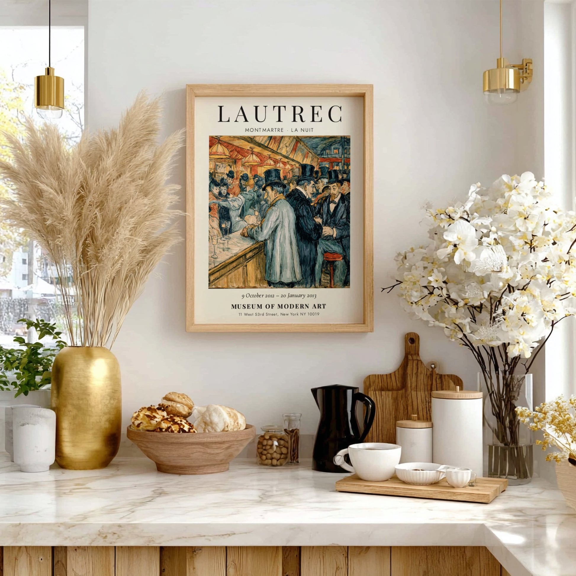 Montmartre La Nuit poster featuring Toulouse-Lautrec's vibrant nightlife scene with warm colors and