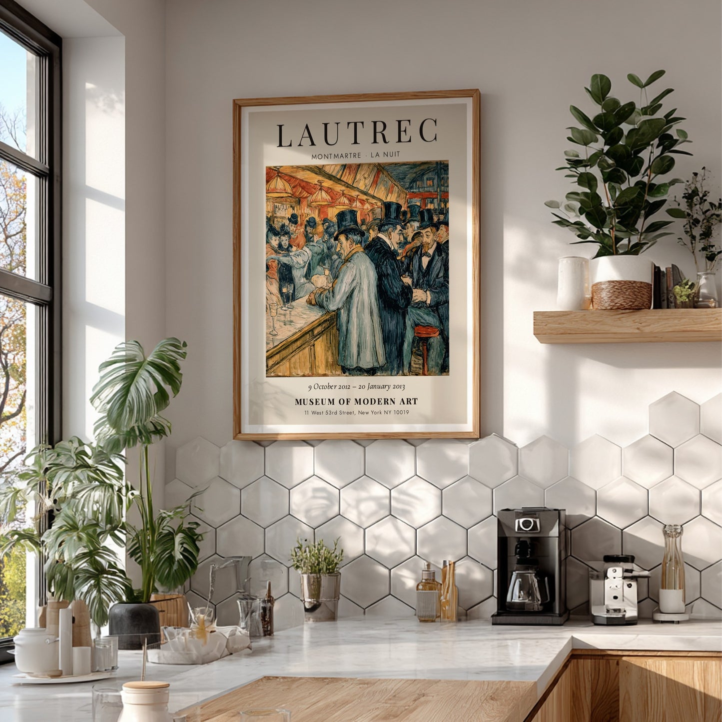 Montmartre La Nuit poster featuring Toulouse-Lautrec's vibrant nightlife scene with warm colors and