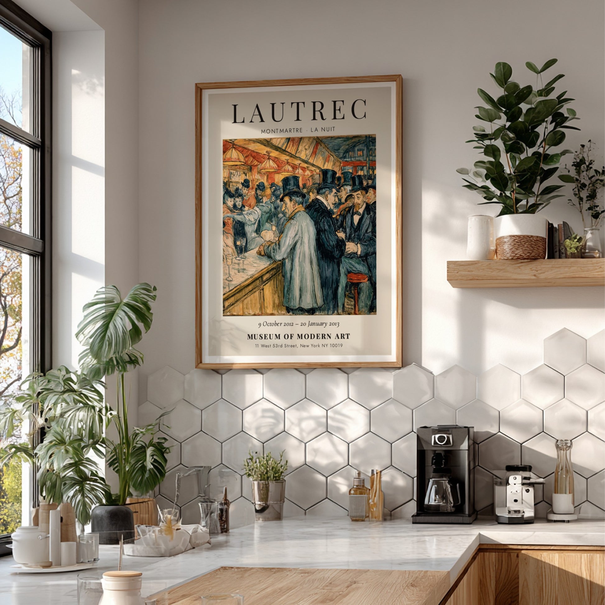 Montmartre La Nuit poster featuring Toulouse-Lautrec's vibrant nightlife scene with warm colors and