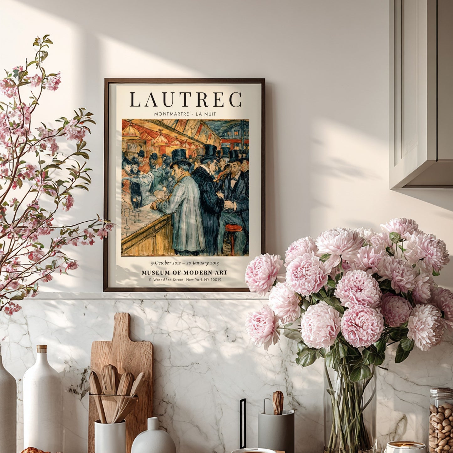 Montmartre La Nuit poster featuring Toulouse-Lautrec's vibrant nightlife scene with warm colors and