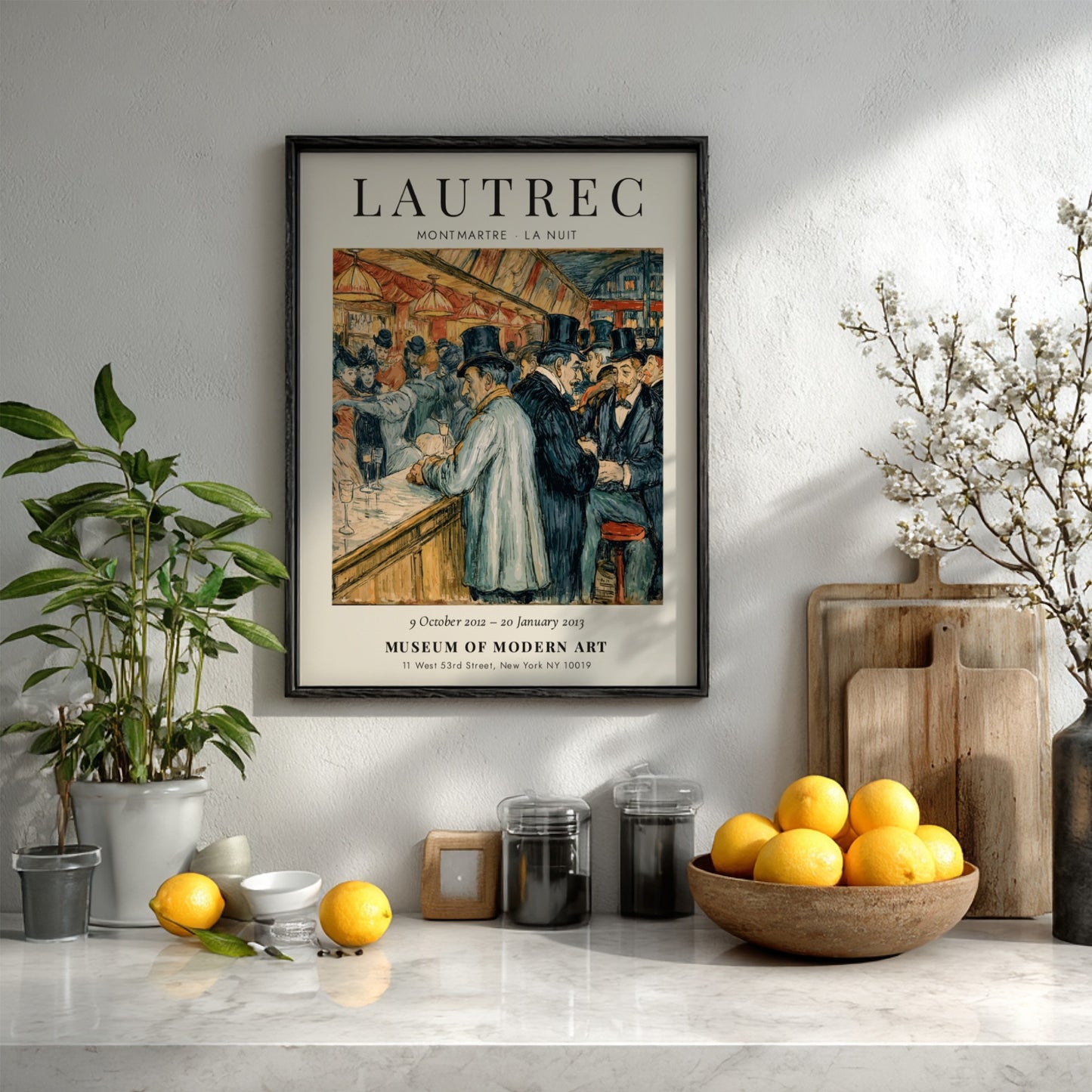Montmartre La Nuit poster featuring Toulouse-Lautrec's vibrant nightlife scene with warm colors and
