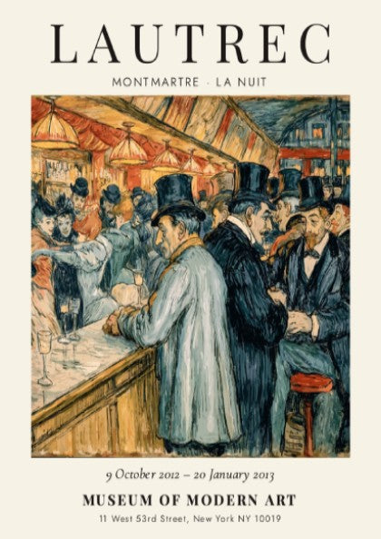 Montmartre La Nuit poster featuring Toulouse-Lautrec's vibrant nightlife scene with warm colors and
