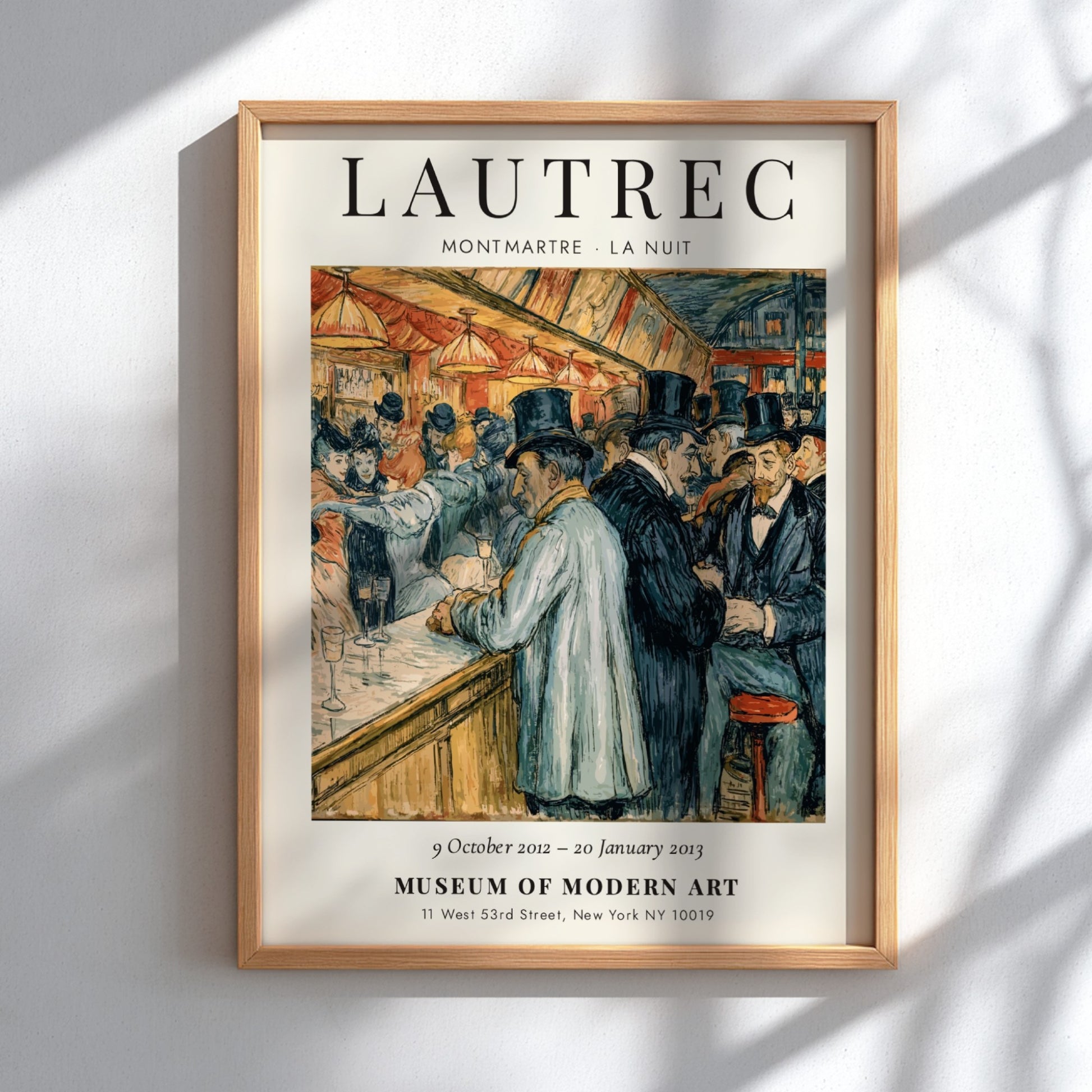 Montmartre La Nuit poster featuring Toulouse-Lautrec's vibrant nightlife scene with warm colors and