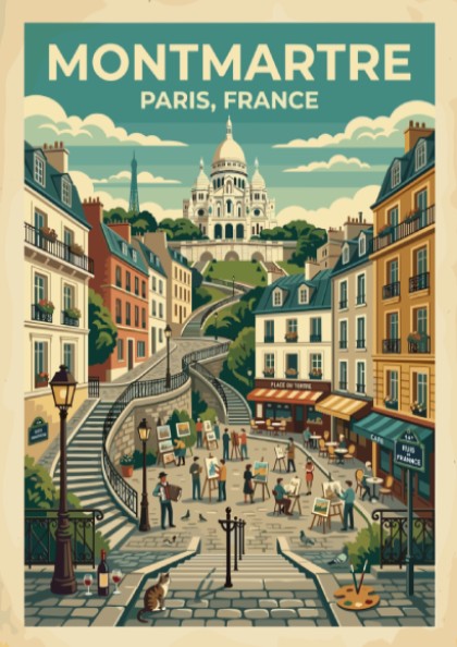 Montmartre Paris travel poster featuring Sacré-Cœur Basilica, vintage style with warm colors and charming