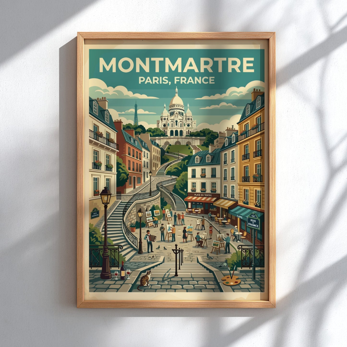 Montmartre Paris travel poster featuring Sacré-Cœur Basilica, vintage style with warm colors and charming
