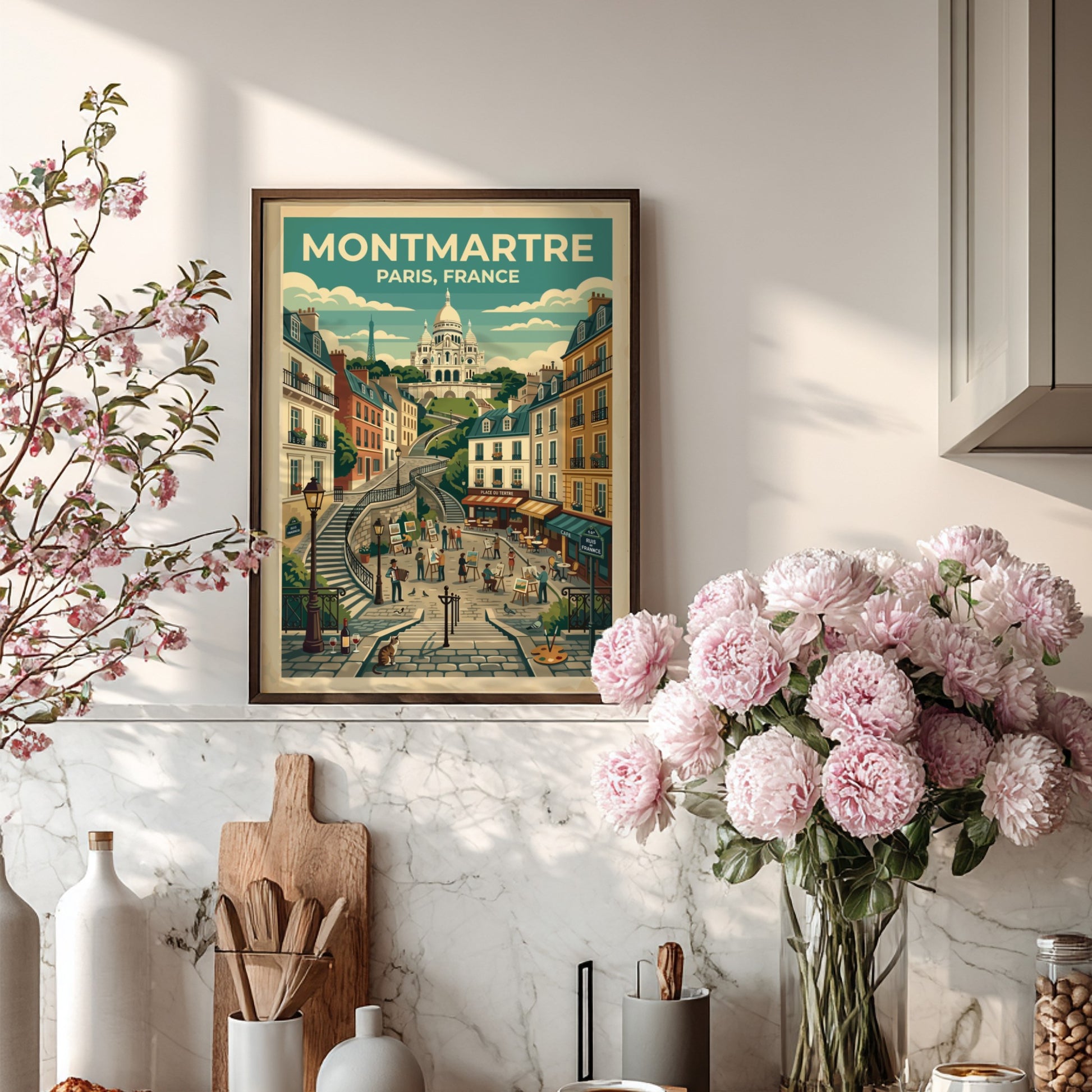 Montmartre Paris travel poster featuring Sacré-Cœur Basilica, vintage style with warm colors and charming