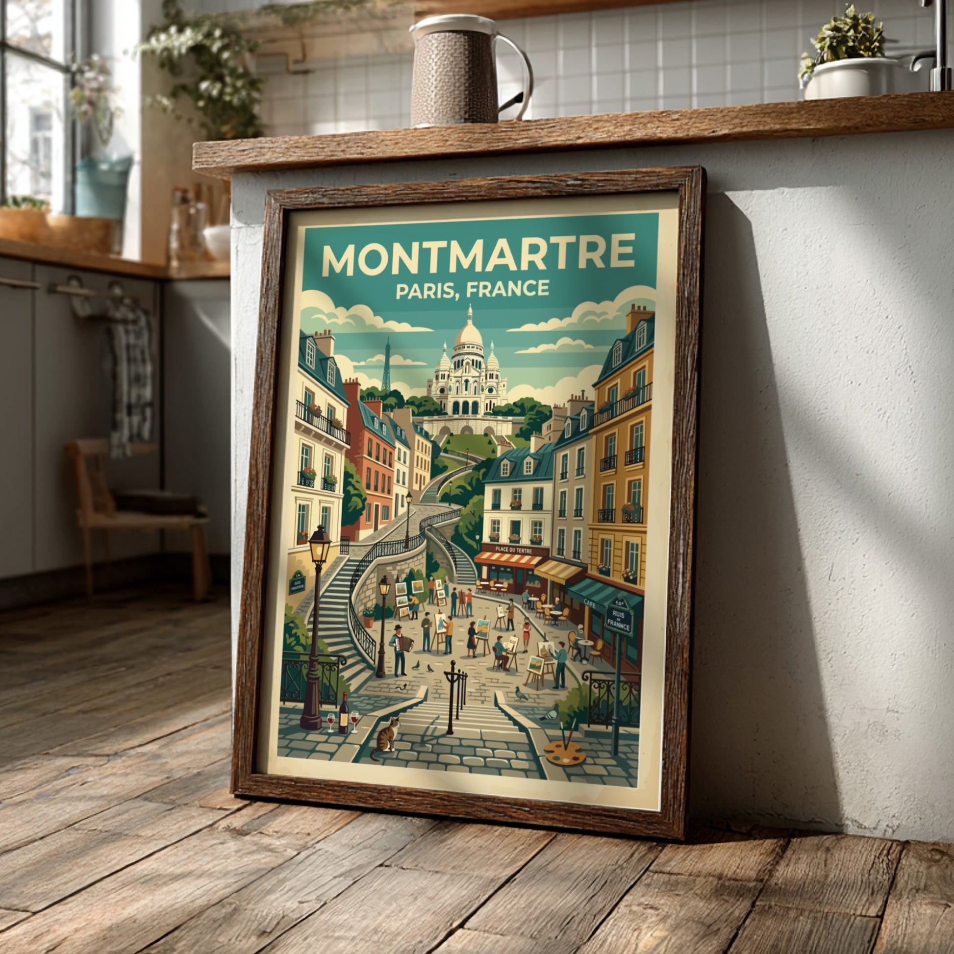Montmartre Paris travel poster featuring Sacré-Cœur Basilica, vintage style with warm colors and charming
