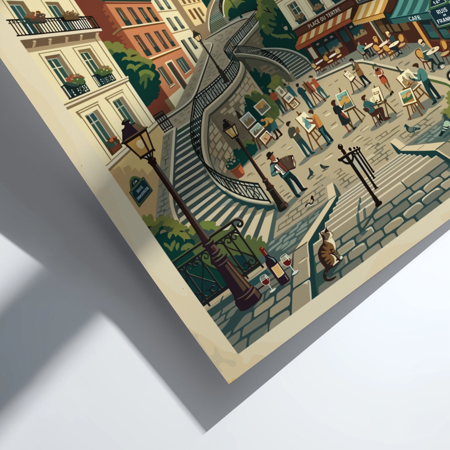 Montmartre Paris travel poster featuring Sacré-Cœur Basilica, vintage style with warm colors and charming