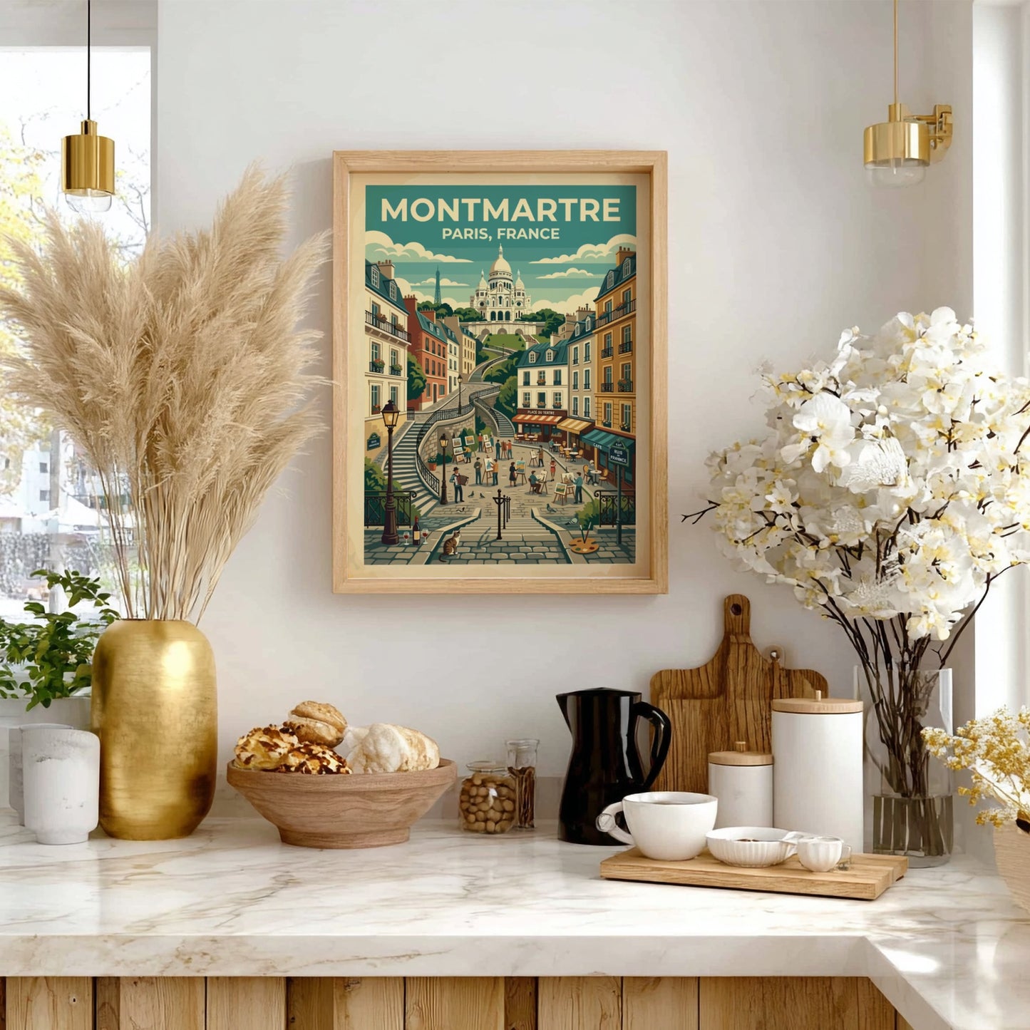 Montmartre Paris travel poster featuring Sacré-Cœur Basilica, vintage style with warm colors and charming