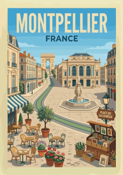 Montpellier Place de la Comedie travel poster featuring French architecture, cafes, and a fountain in a retro