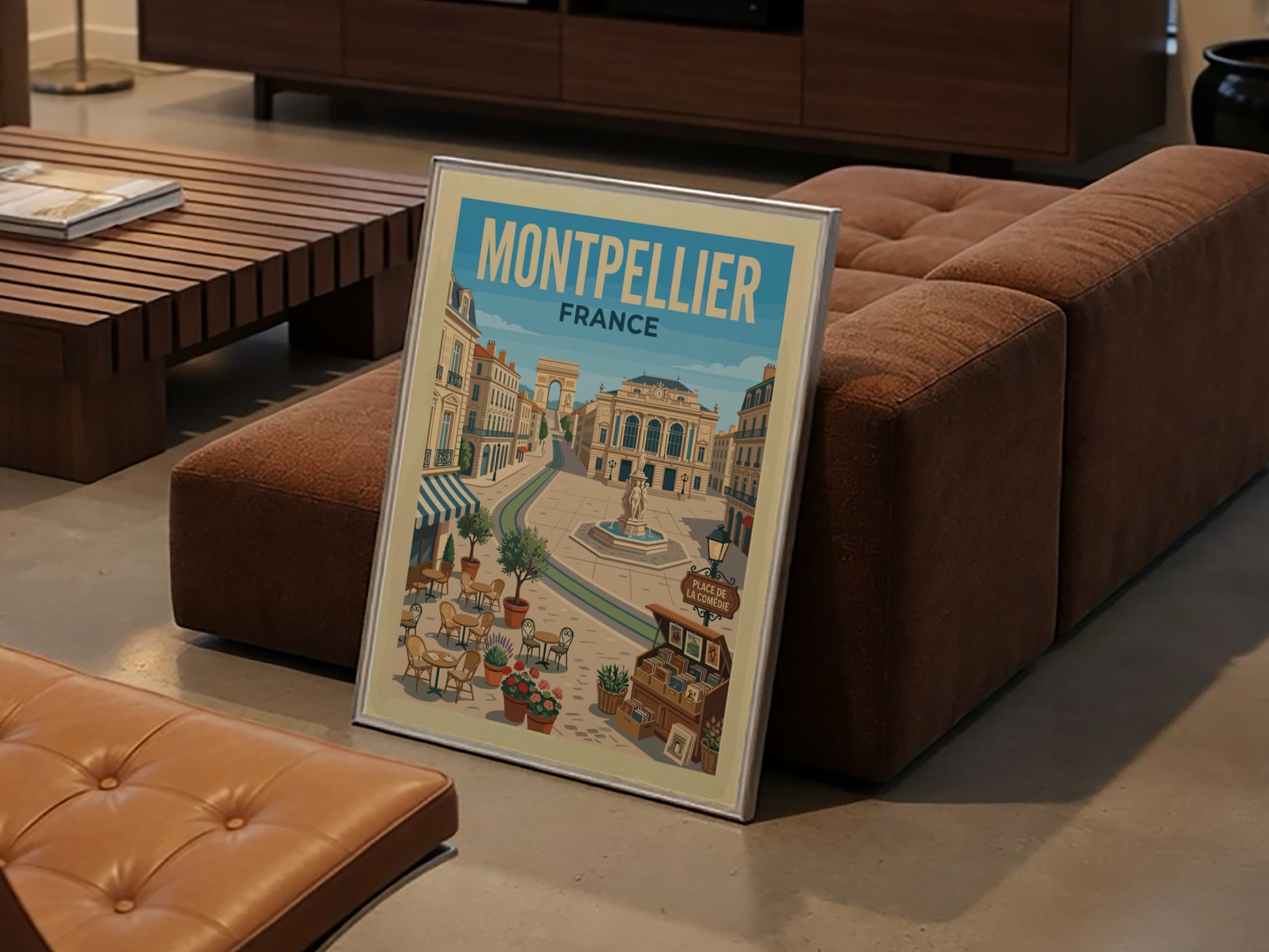 Montpellier Place de la Comedie travel poster featuring French architecture, cafes, and a fountain in a retro