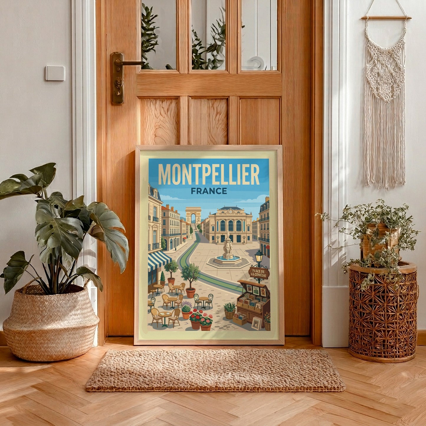 Montpellier Place de la Comedie travel poster featuring French architecture, cafes, and a fountain in a retro