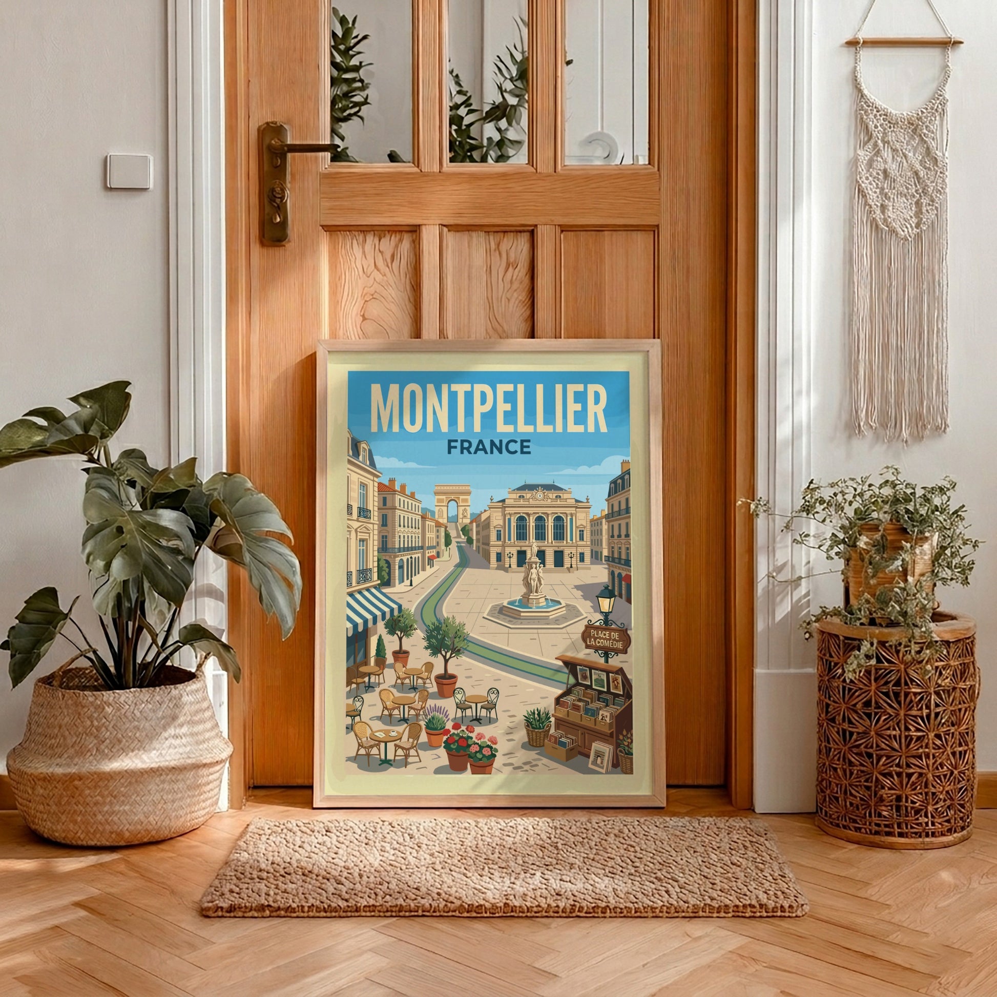Montpellier Place de la Comedie travel poster featuring French architecture, cafes, and a fountain in a retro