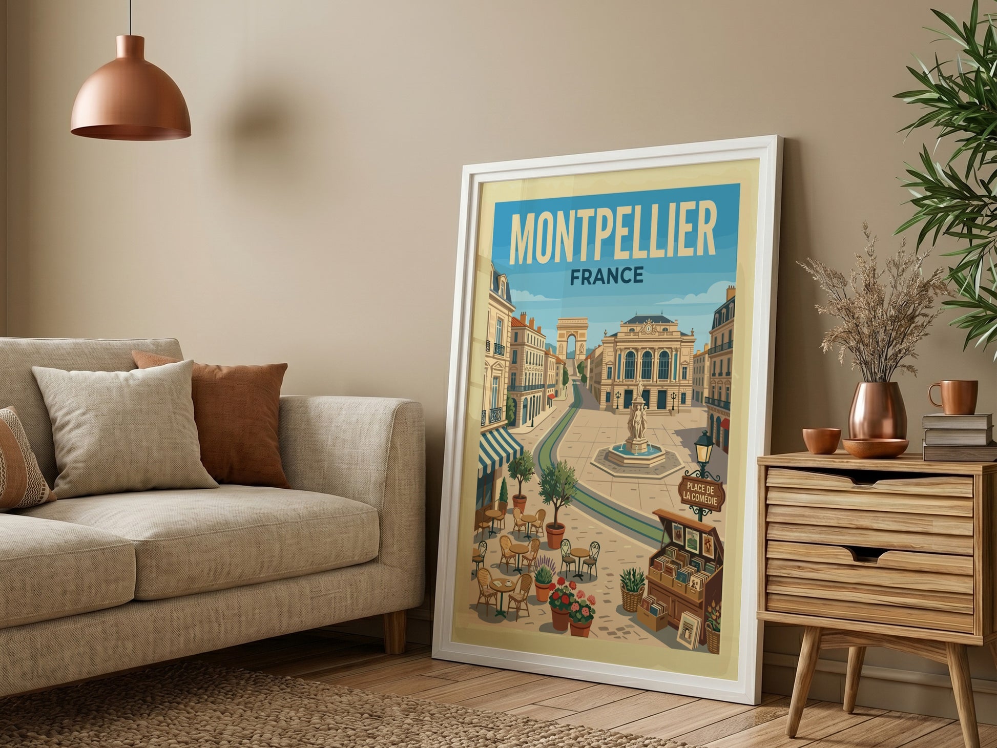 Montpellier Place de la Comedie travel poster featuring French architecture, cafes, and a fountain in a retro