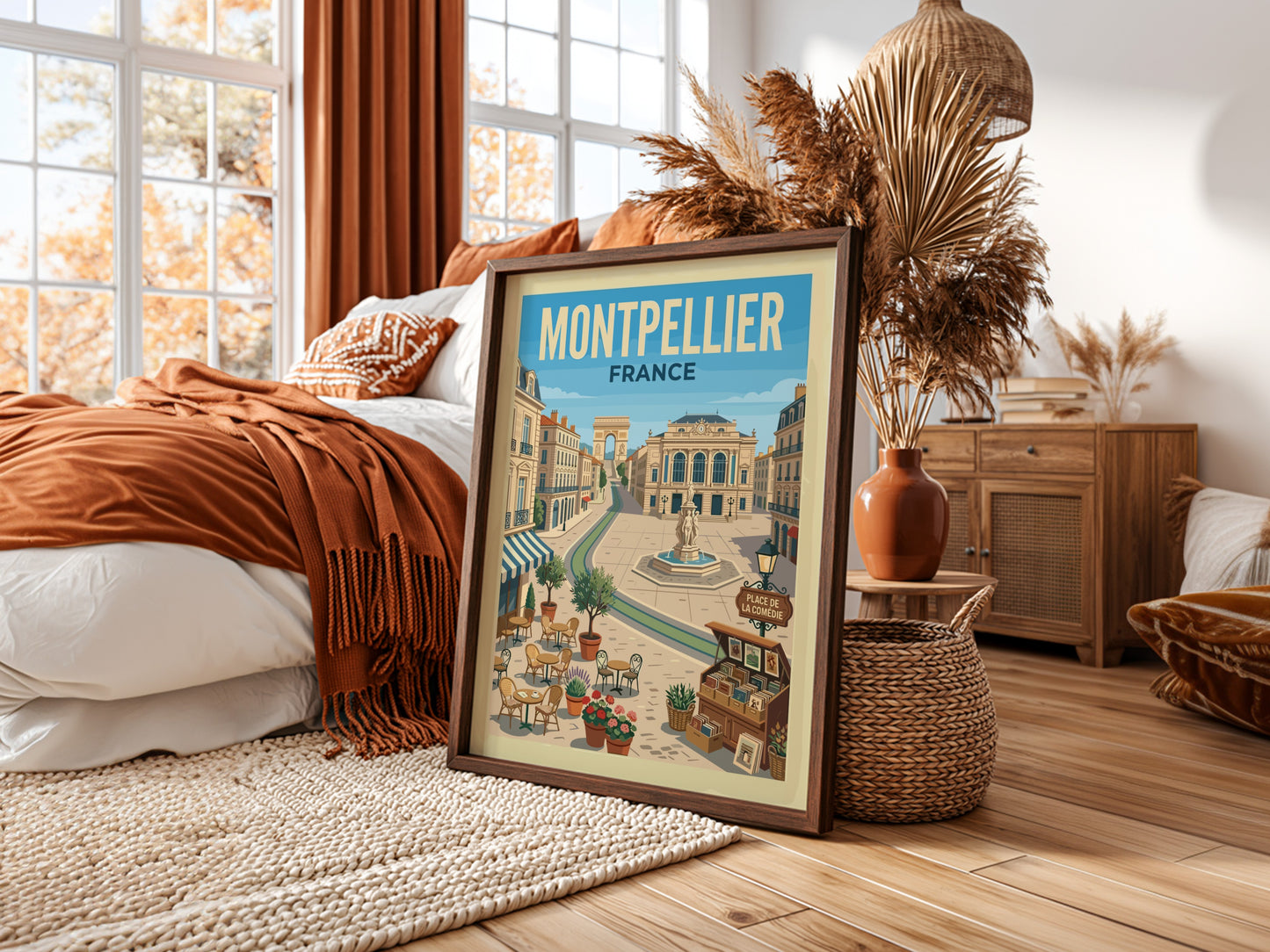 Montpellier Place de la Comedie travel poster featuring French architecture, cafes, and a fountain in a retro