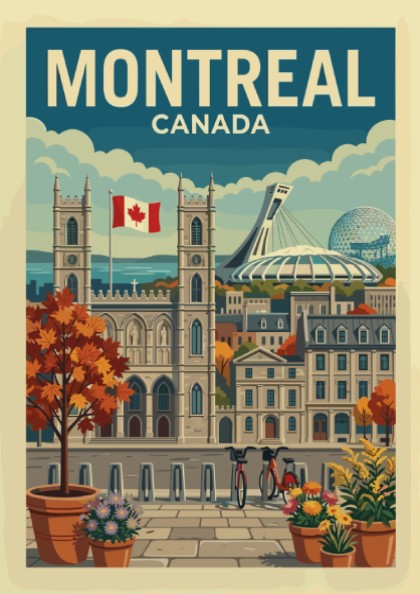 Retro Montreal Canada travel poster featuring Notre-Dame Basilica and Olympic Stadium in autumn colors.