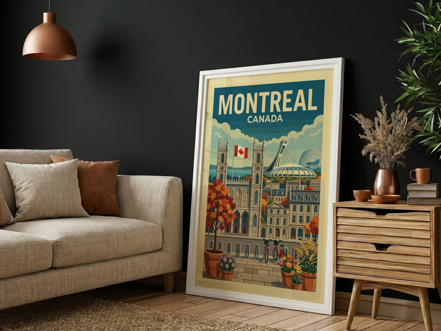 Retro Montreal Canada travel poster featuring Notre-Dame Basilica and Olympic Stadium in autumn colors.