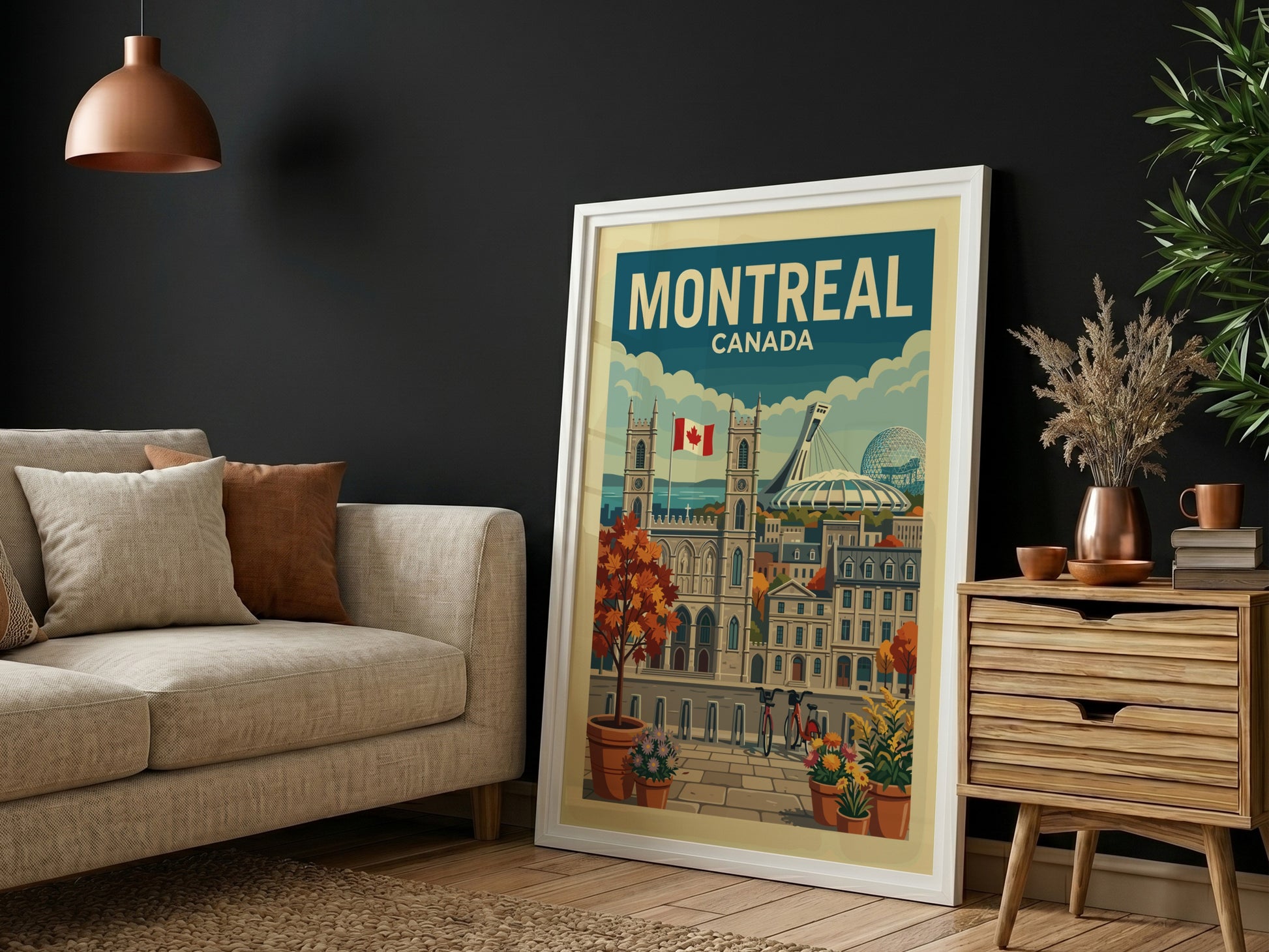 Retro Montreal Canada travel poster featuring Notre-Dame Basilica and Olympic Stadium in autumn colors.
