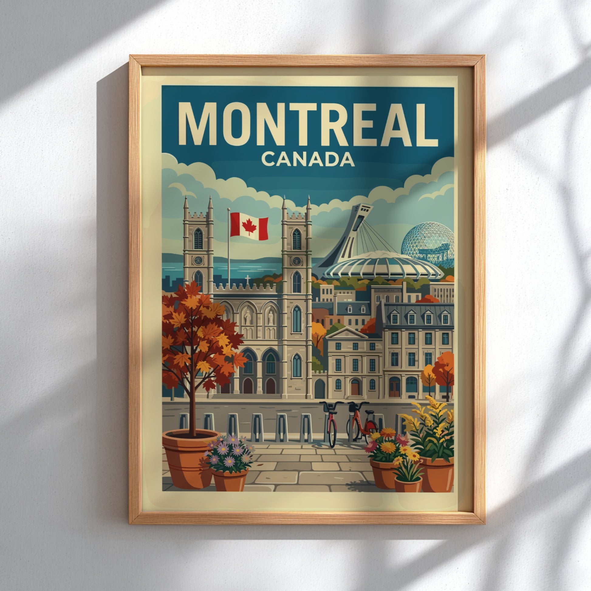 Retro Montreal Canada travel poster featuring Notre-Dame Basilica and Olympic Stadium in autumn colors.