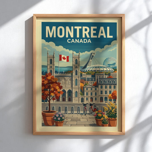 Retro Montreal Canada travel poster featuring Notre-Dame Basilica and Olympic Stadium in autumn colors.