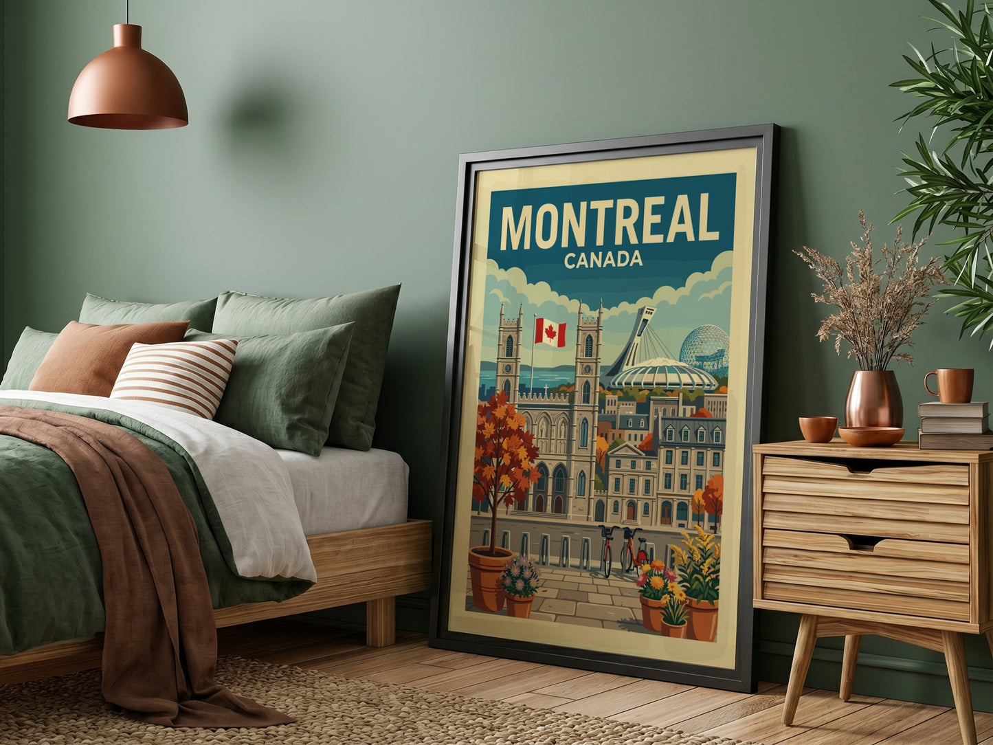Retro Montreal Canada travel poster featuring Notre-Dame Basilica and Olympic Stadium in autumn colors.