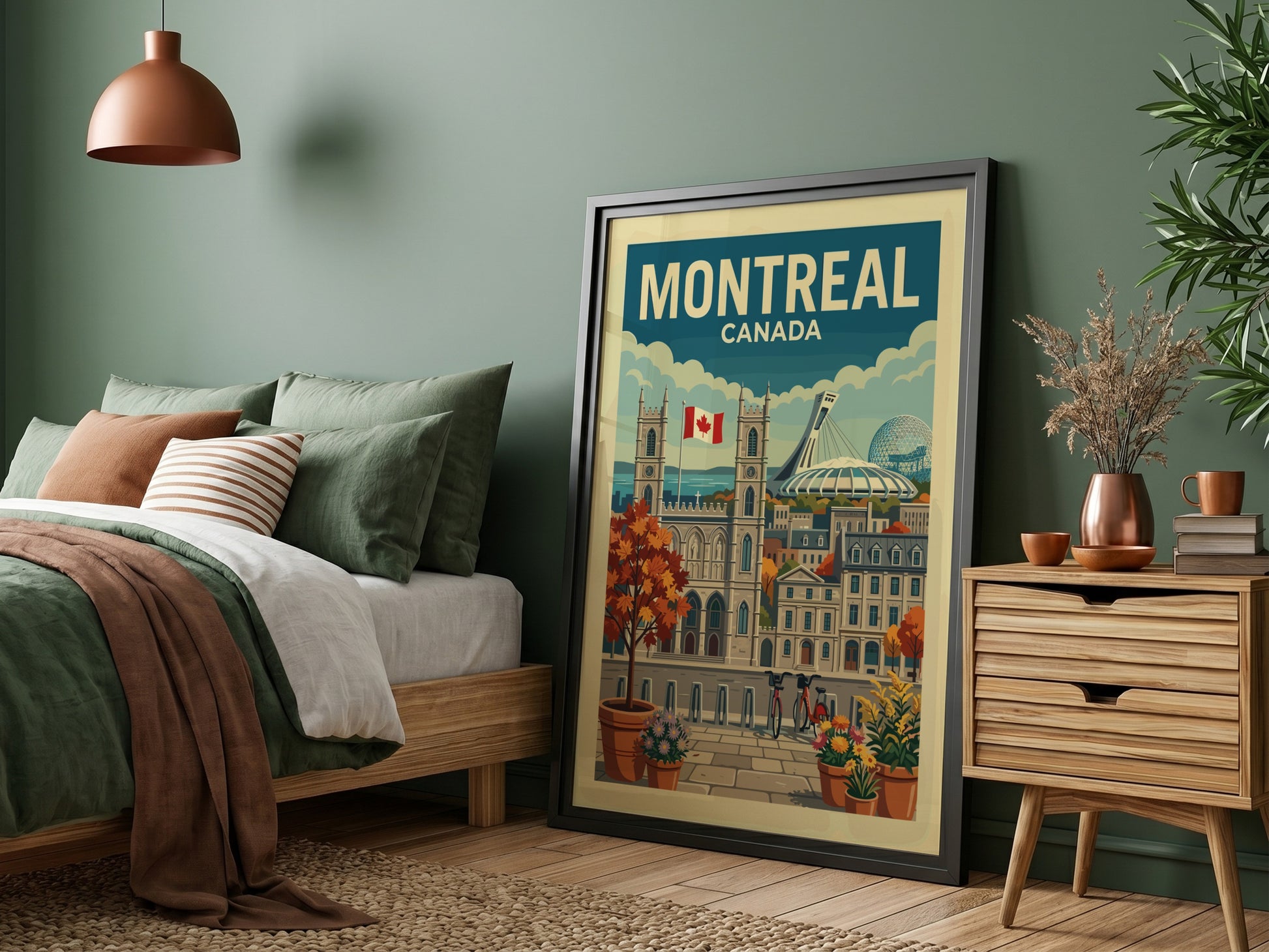 Retro Montreal Canada travel poster featuring Notre-Dame Basilica and Olympic Stadium in autumn colors.