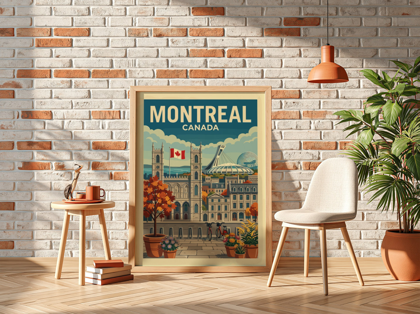 Retro Montreal Canada travel poster featuring Notre-Dame Basilica and Olympic Stadium in autumn colors.