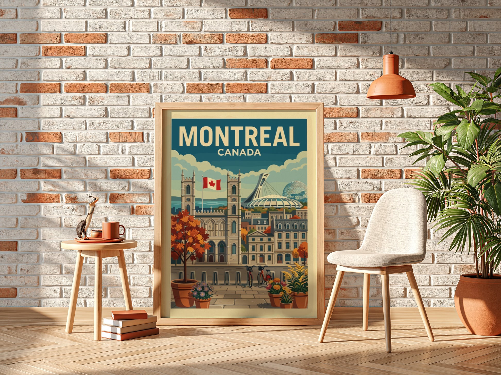 Retro Montreal Canada travel poster featuring Notre-Dame Basilica and Olympic Stadium in autumn colors.