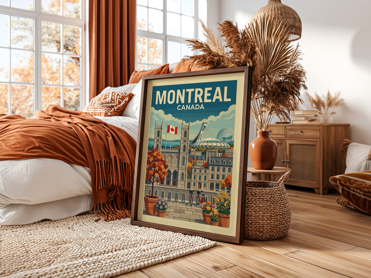 Retro Montreal Canada travel poster featuring Notre-Dame Basilica and Olympic Stadium in autumn colors.