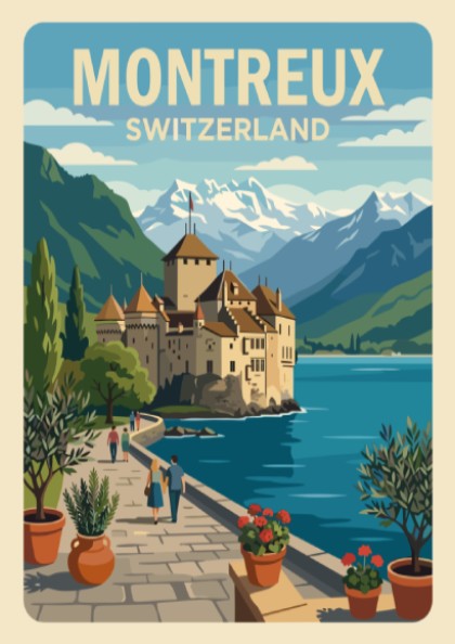 Poster of Montreux Switzerland featuring Chillon Castle, snow-capped mountains, and a stone walkway.