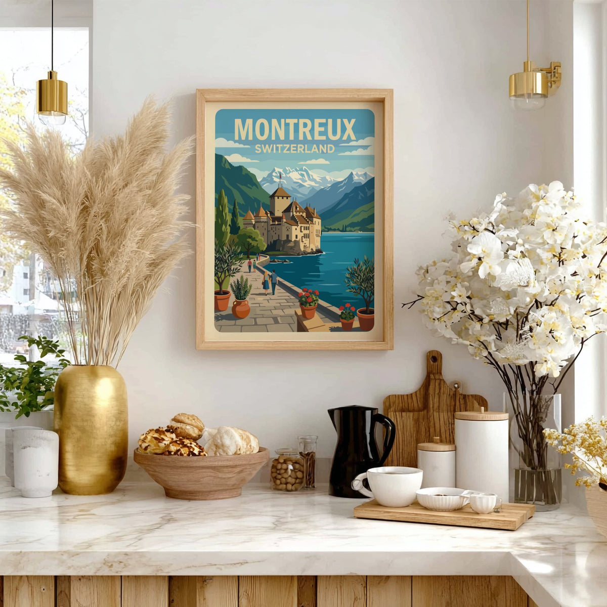 Poster of Montreux Switzerland featuring Chillon Castle, snow-capped mountains, and a stone walkway.