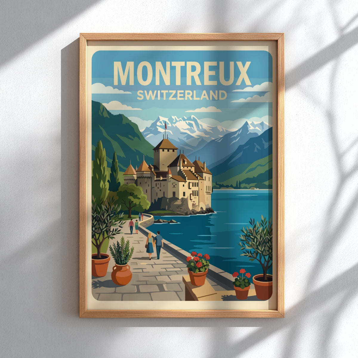 Poster of Montreux Switzerland featuring Chillon Castle, snow-capped mountains, and a stone walkway.