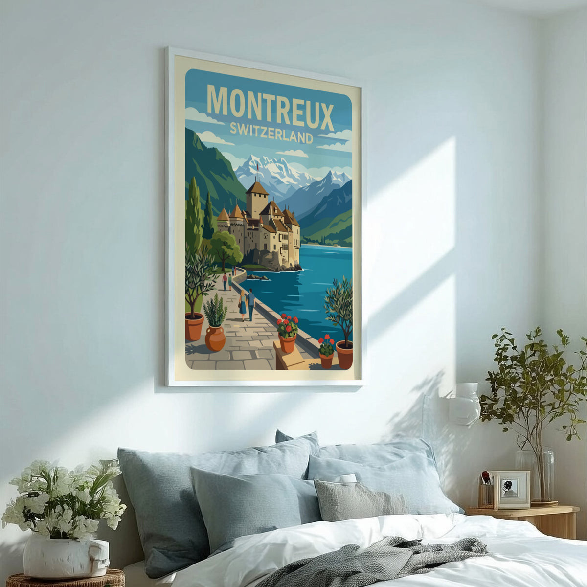 Poster of Montreux Switzerland featuring Chillon Castle, snow-capped mountains, and a stone walkway.