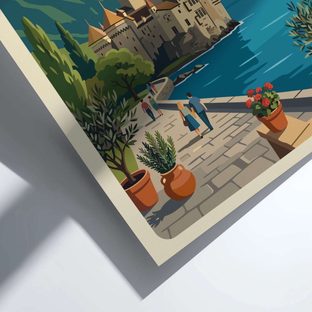 Poster of Montreux Switzerland featuring Chillon Castle, snow-capped mountains, and a stone walkway.