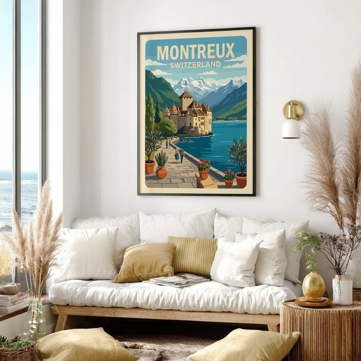 Poster of Montreux Switzerland featuring Chillon Castle, snow-capped mountains, and a stone walkway.