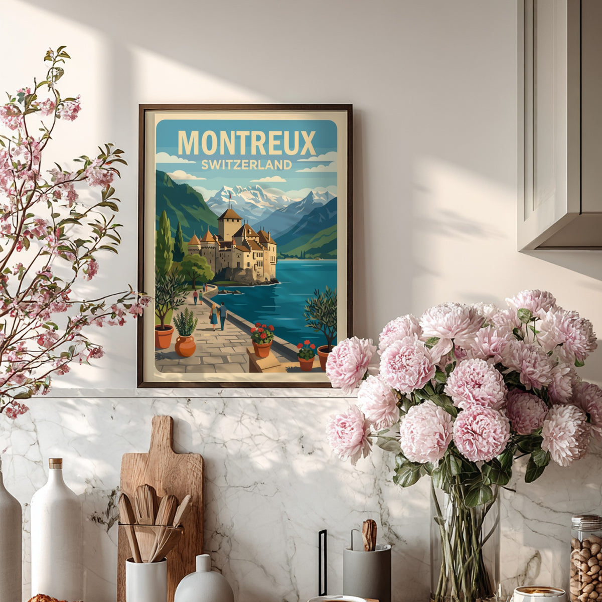 Poster of Montreux Switzerland featuring Chillon Castle, snow-capped mountains, and a stone walkway.