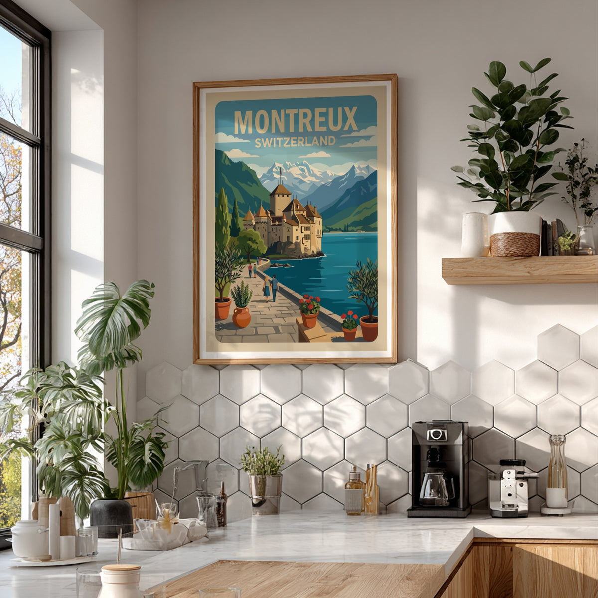 Poster of Montreux Switzerland featuring Chillon Castle, snow-capped mountains, and a stone walkway.