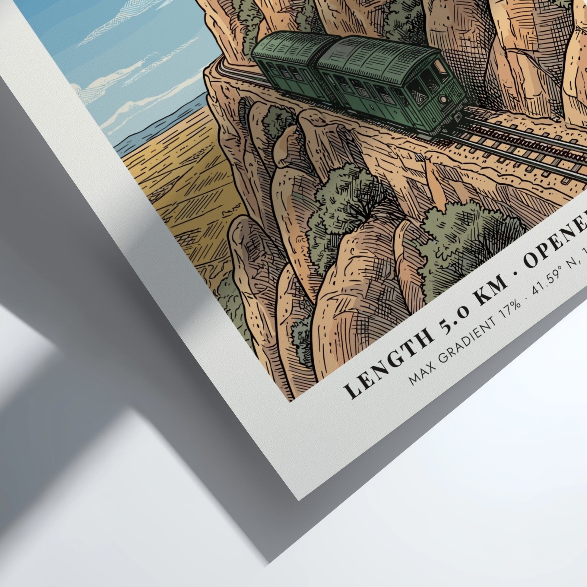 Montserrat mountain railway poster featuring a green train climbing rocky cliffs in Catalonia.