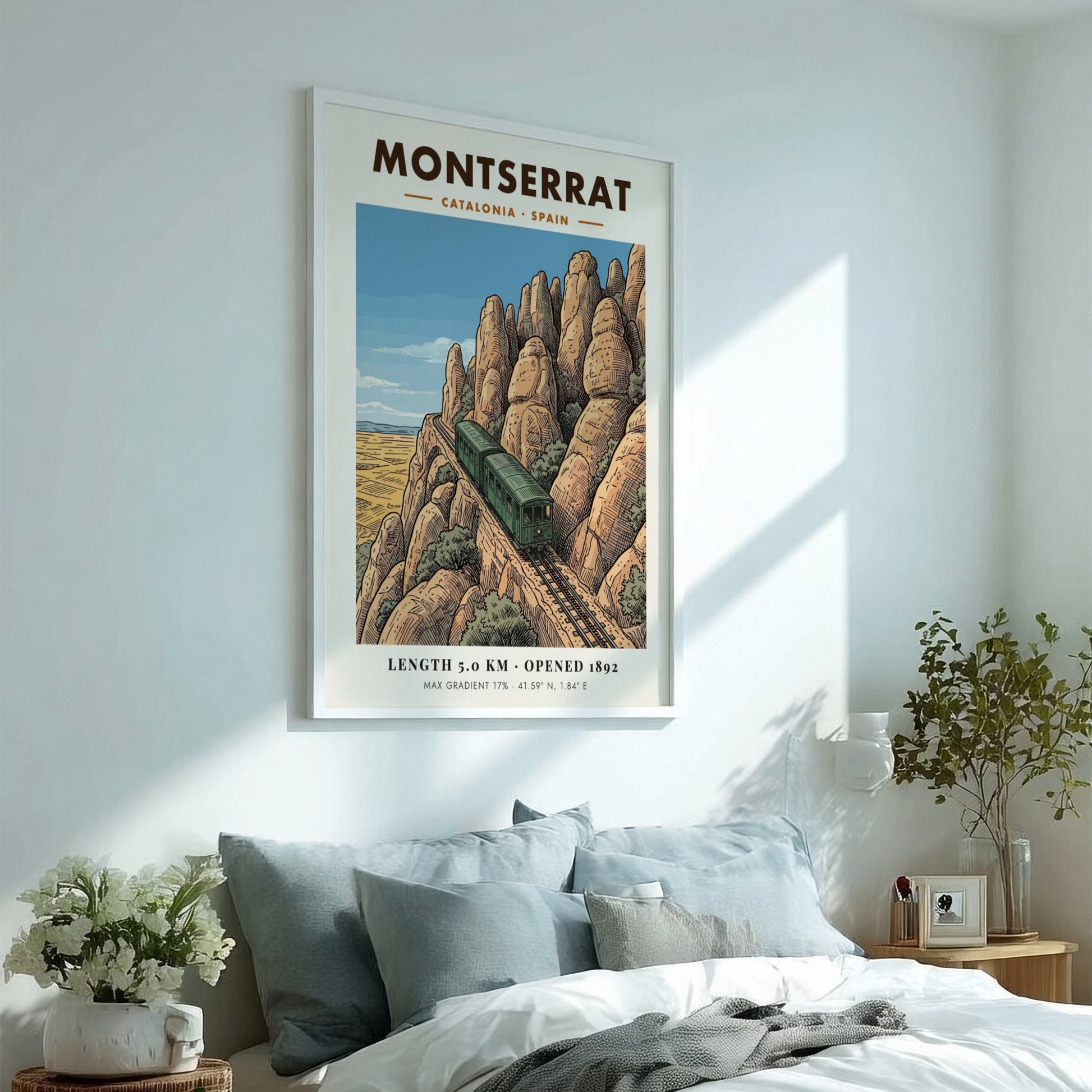 Montserrat mountain railway poster featuring a green train climbing rocky cliffs in Catalonia.