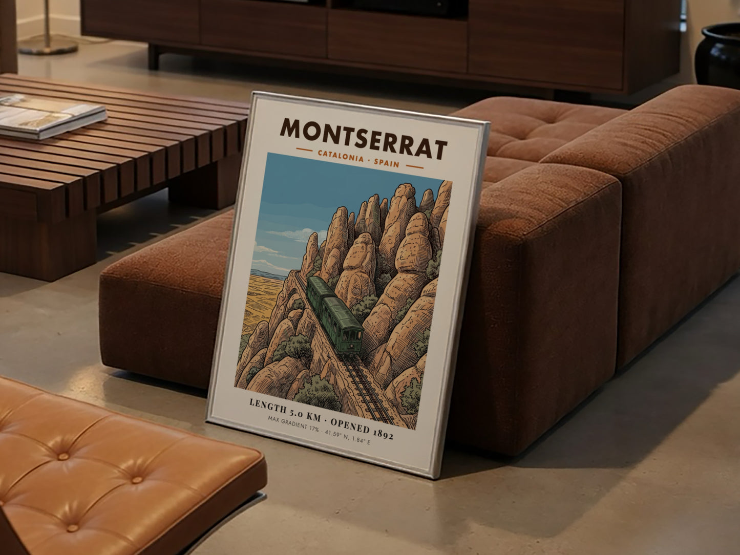 Montserrat mountain railway poster featuring a green train climbing rocky cliffs in Catalonia.