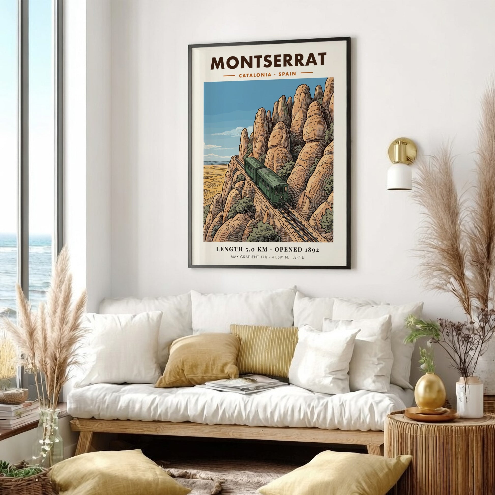 Montserrat mountain railway poster featuring a green train climbing rocky cliffs in Catalonia.