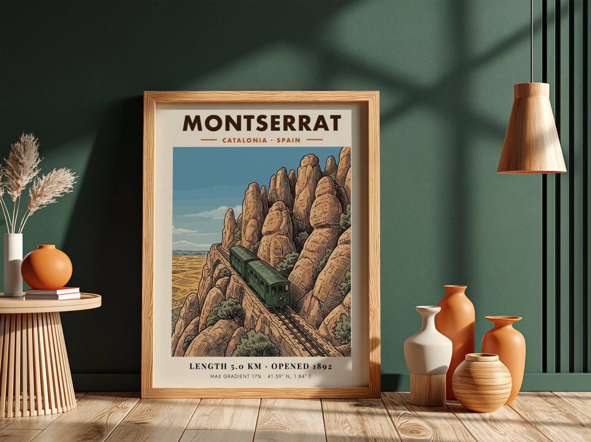 Montserrat mountain railway poster featuring a green train climbing rocky cliffs in Catalonia.