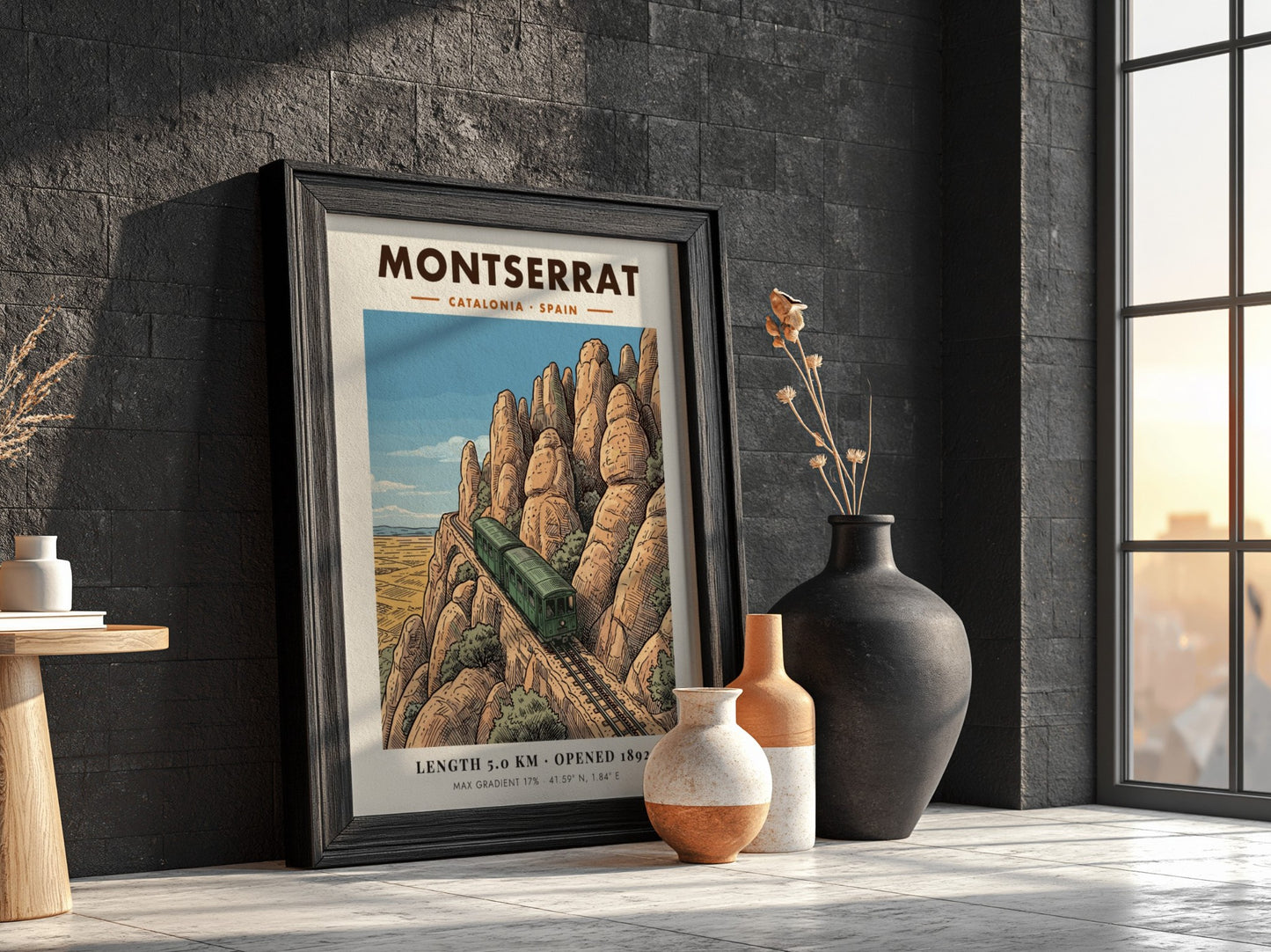 Montserrat mountain railway poster featuring a green train climbing rocky cliffs in Catalonia.