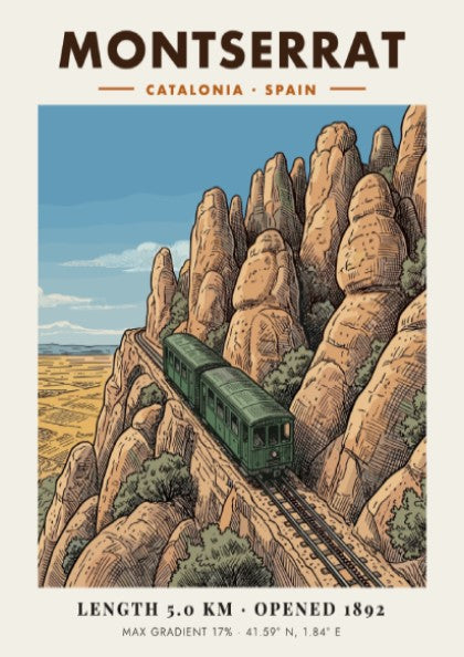 Montserrat mountain railway poster featuring a green train climbing rocky cliffs in Catalonia.