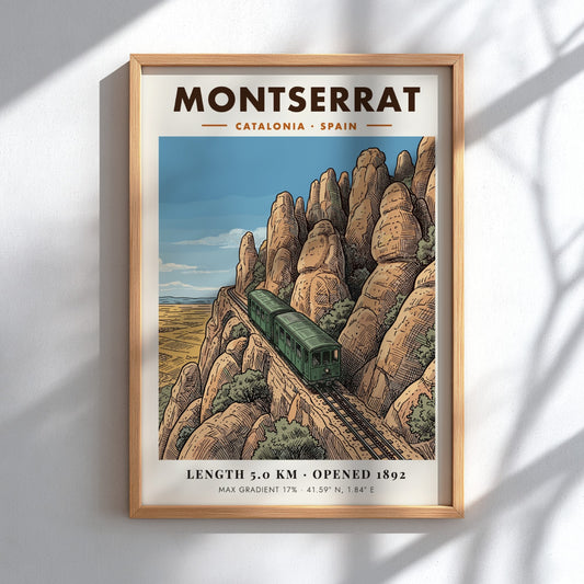Montserrat mountain railway poster featuring a green train climbing rocky cliffs in Catalonia.